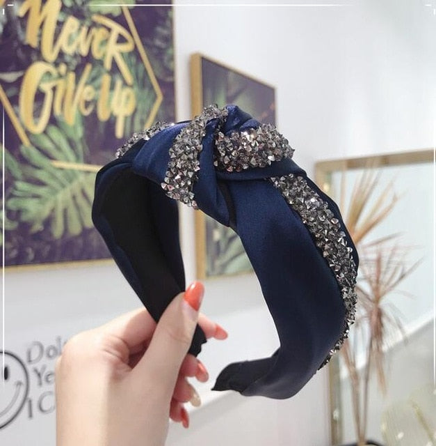 New Fashion Rhinestone Hairband Women Solid Wide Side Headband Middle Knot T - KiwisLove
