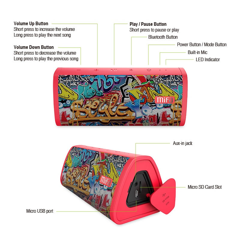 MIFA Red-Graffiti Bluetooth Speaker  Built-in Microphone Stereo Rock Sound Outdoor 10W Portable Wireless Speaker Support TF card - KiwisLove