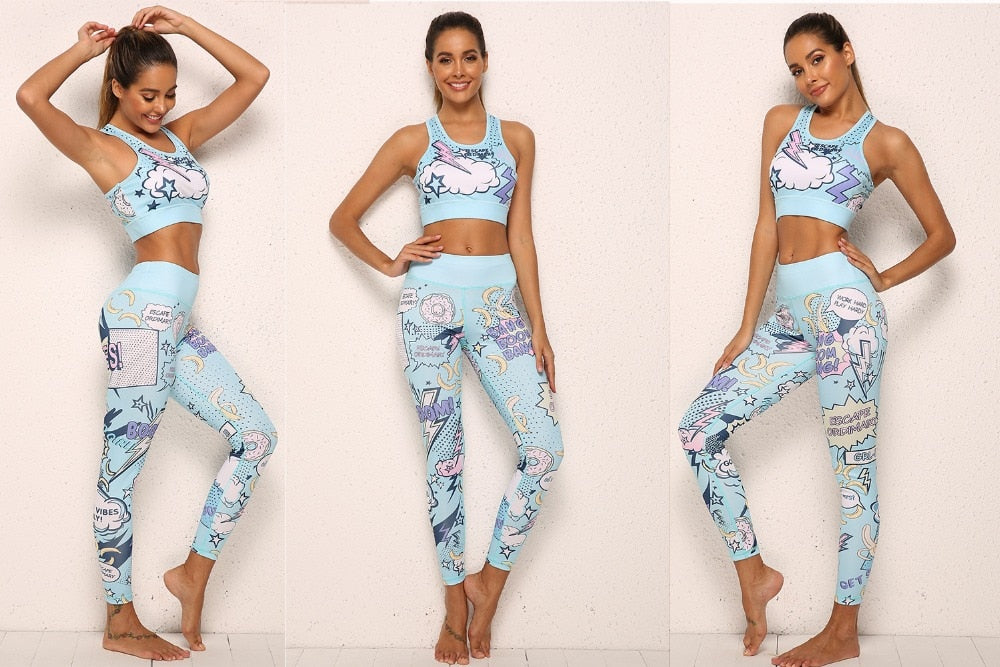 Women Yoga Set Sportswear Fitness Suits Cartoon Print Gym Running Clothes Tracksuit - KiwisLove