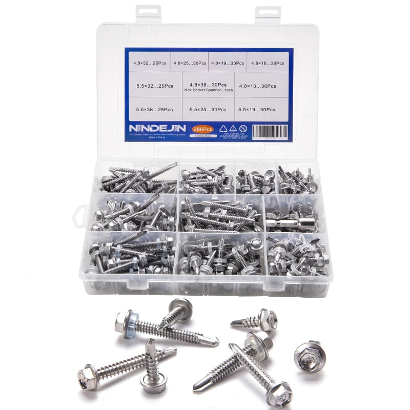 286pcs  410 Stainless Steel Hexagon Flange Self-drilling Tapping Screws Kit - KiwisLove