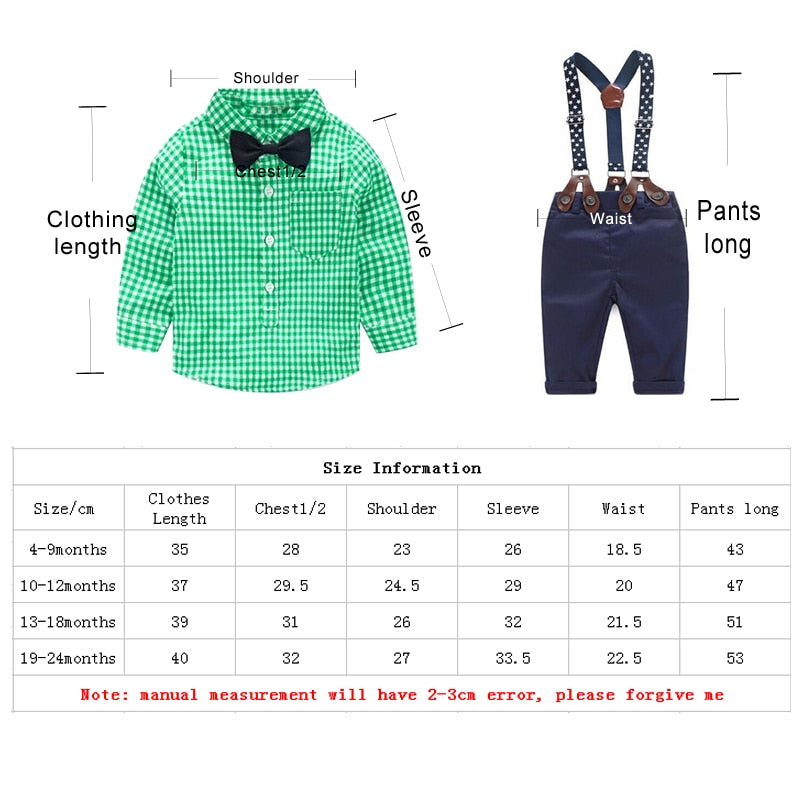 grid shirt + suspender newborn Long sleeve baby boy clothes Bowknot  gentleman suit - KiwisLove
