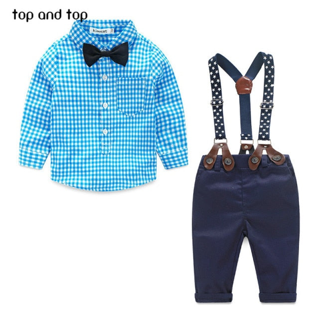 grid shirt + suspender newborn Long sleeve baby boy clothes Bowknot  gentleman suit - KiwisLove