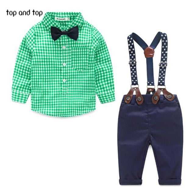 grid shirt + suspender newborn Long sleeve baby boy clothes Bowknot  gentleman suit - KiwisLove