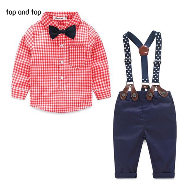 grid shirt + suspender newborn Long sleeve baby boy clothes Bowknot  gentleman suit - KiwisLove
