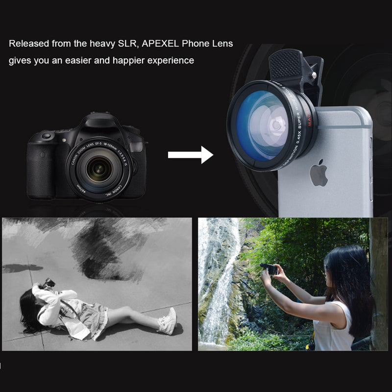 APEXEL 2in1 Lens Professional HD Phone Camera 0.45X Wide Angle+12.5X Macro iPhone 8 7 6S  Xiaomi Samsung LG - KiwisLove