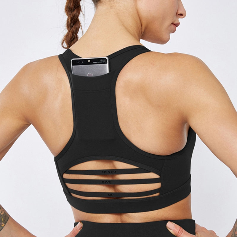 Gym Bra With Back Pocket Absorb Sweat Tops Yoga Running Sports Bra - KiwisLove