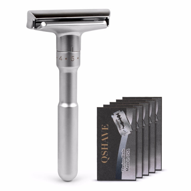 QSHAVE Adjustable Safety Razor Double Edge Classic Mens Shaving Mild to Aggressive 1-6 File Hair Removal Shaver it with 5 Blades - KiwisLove