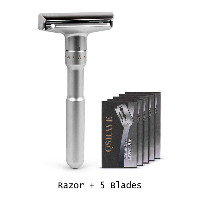 QSHAVE Adjustable Safety Razor Double Edge Classic Mens Shaving Mild to Aggressive 1-6 File Hair Removal Shaver it with 5 Blades - KiwisLove
