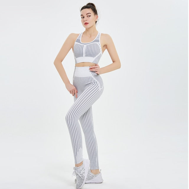 Women Yoga Suits Striped Seamless Sports Bras Leggings Gym Wear Running Tracksuit - KiwisLove
