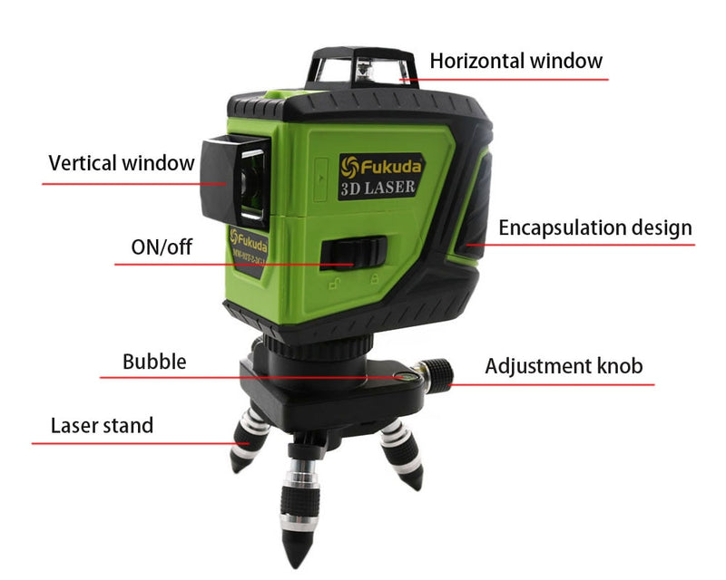 Fukuda Green laser level 3D 12Lines 360 Horizontal Vertical Cross Self-Leveling - KiwisLove