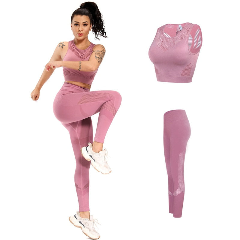 Women Yoga Suits Seamless Bras Leggings Fitness Sets Gym Wear Running Clothing Mesh - KiwisLove