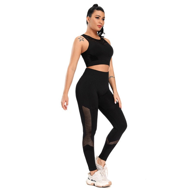 Women Yoga Suits Seamless Bras Leggings Fitness Sets Gym Wear Running Clothing Mesh - KiwisLove