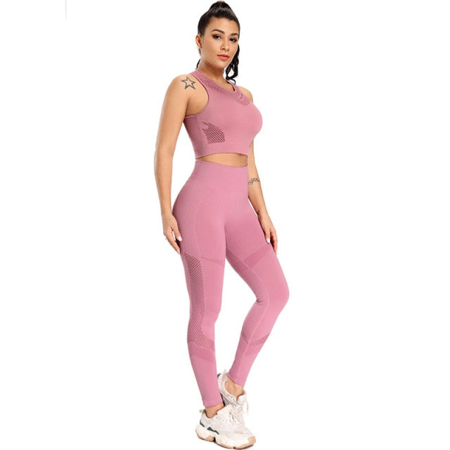 Women Yoga Suits Seamless Bras Leggings Fitness Sets Gym Wear Running Clothing Mesh - KiwisLove