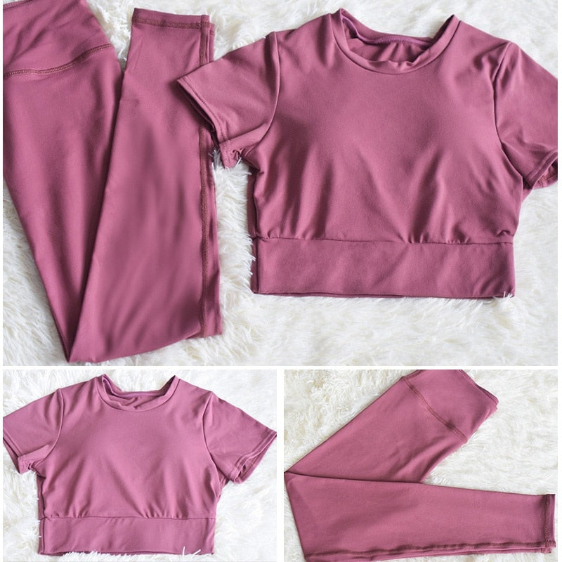 Women Yoga Sets Short Shirt Pad High Waist Legging Fitness Suits Outfits Gym Running - KiwisLove