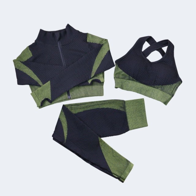 Women Fitness Sets  3pcs Long Sleeve Shirt Pad Bras Legging Seamless Gym  Running Yoga - KiwisLove