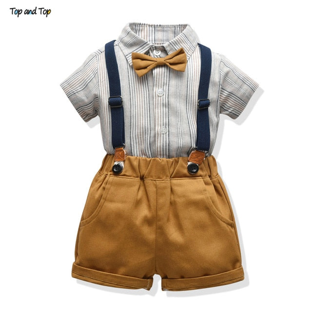 Boys Sets Cotton Plaid Short Sleeve Shirt+Suspenders Shorts Baby 2Pcs Suit - KiwisLove