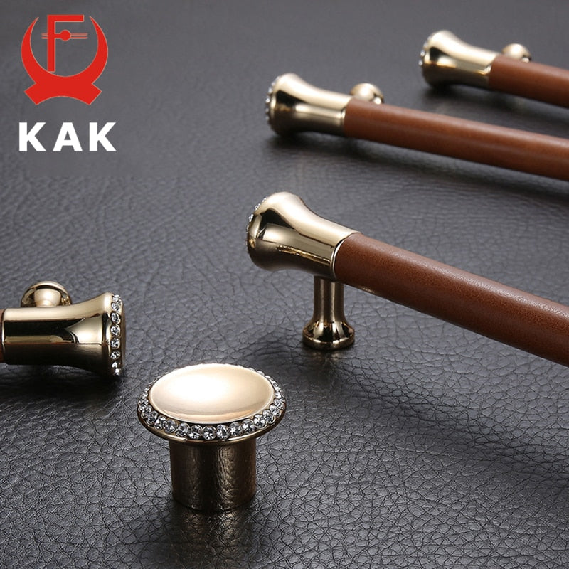 KAK Luxury Leather Door Handle with Crystal Bedroom Kitchen Cabinet - KiwisLove