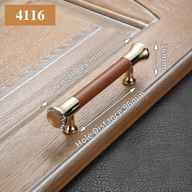 KAK Luxury Leather Door Handle with Crystal Bedroom Kitchen Cabinet - KiwisLove