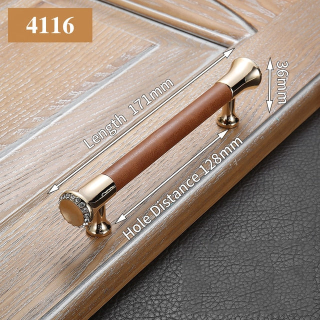 KAK Luxury Leather Door Handle with Crystal Bedroom Kitchen Cabinet - KiwisLove