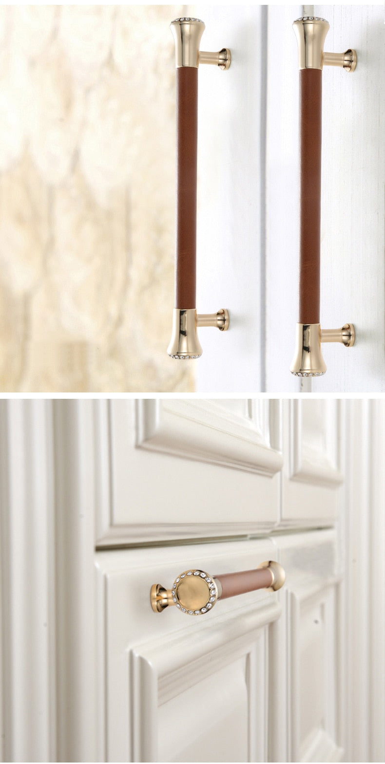 KAK Luxury Leather Door Handle with Crystal Bedroom Kitchen Cabinet - KiwisLove