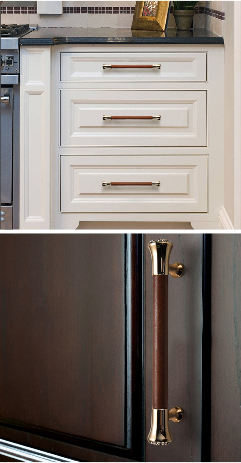 KAK Luxury Leather Door Handle with Crystal Bedroom Kitchen Cabinet - KiwisLove