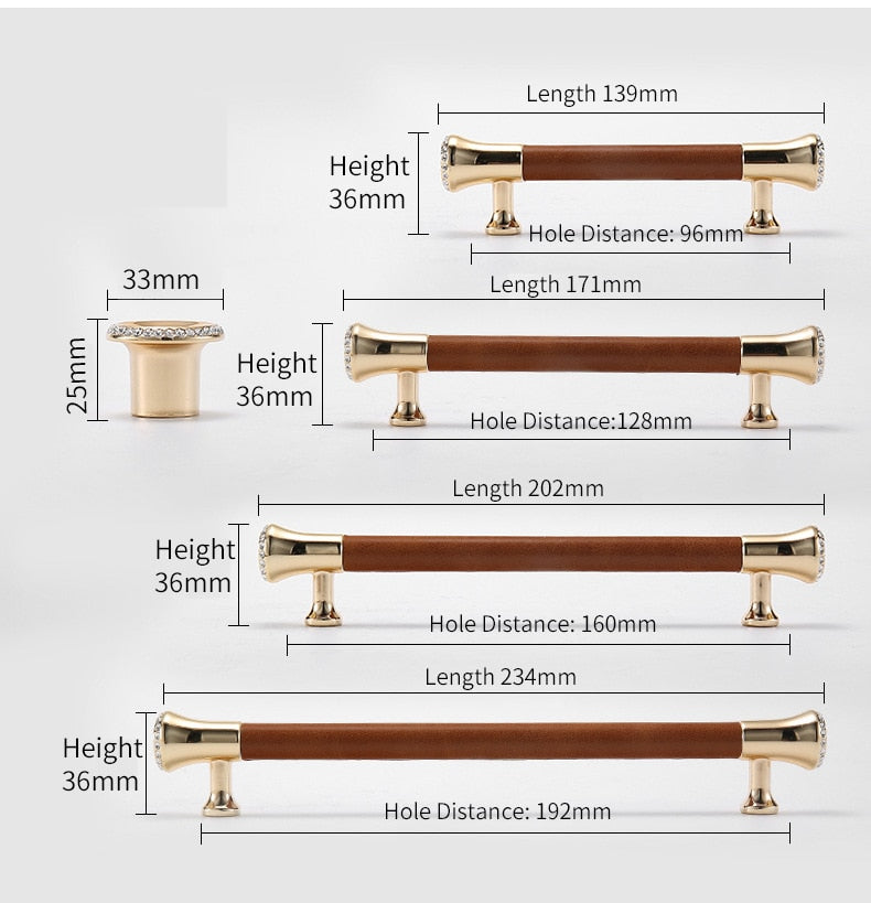 KAK Luxury Leather Door Handle with Crystal Bedroom Kitchen Cabinet - KiwisLove