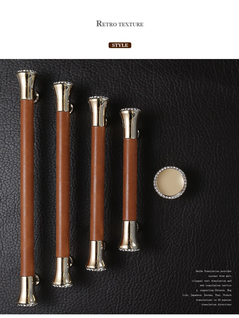 KAK Luxury Leather Door Handle with Crystal Bedroom Kitchen Cabinet - KiwisLove