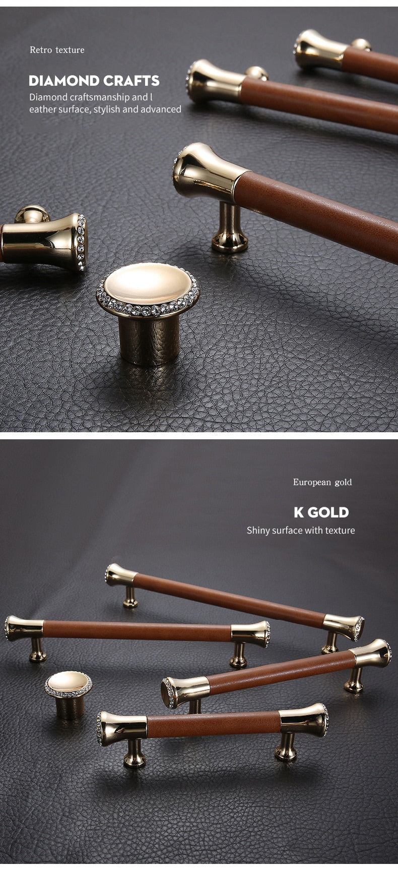 KAK Luxury Leather Door Handle with Crystal Bedroom Kitchen Cabinet - KiwisLove