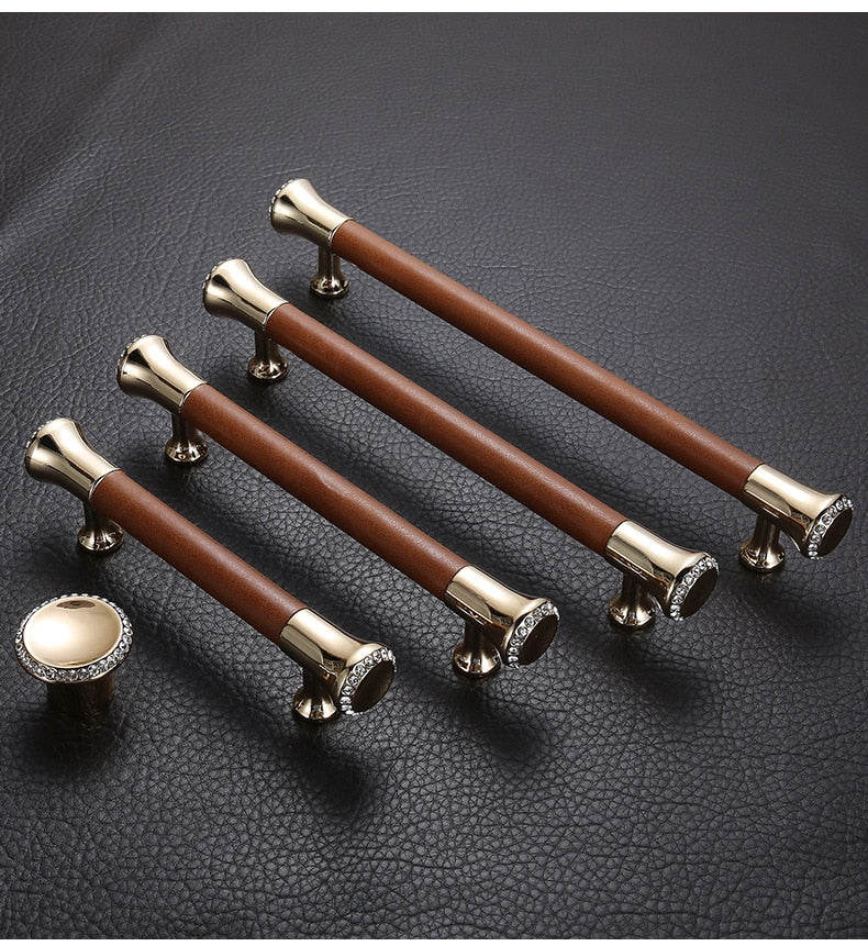 KAK Luxury Leather Door Handle with Crystal Bedroom Kitchen Cabinet - KiwisLove