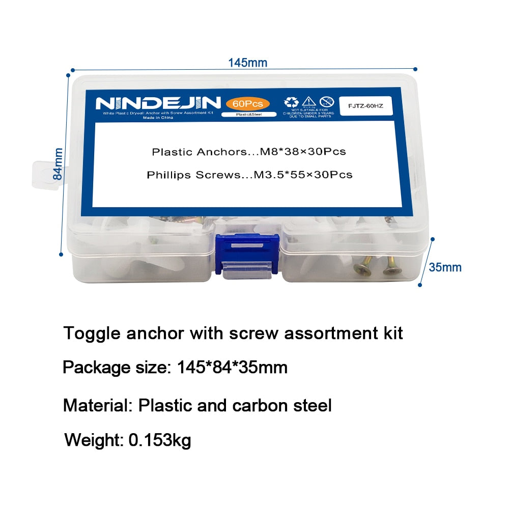 NINDEJIN 60pcs/set plastic drywall anchor wall anchor plug with self tapping - KiwisLove