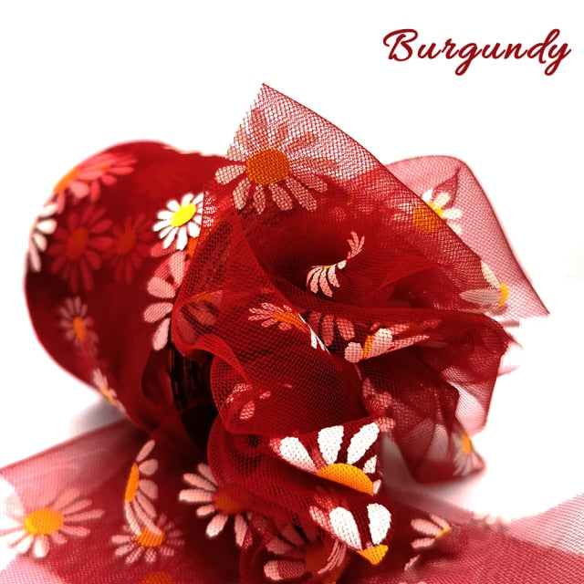 6cm 25Yards Floret Tulle Daisy Ribbon Roll DIY Handmade Craft Hair Ornament Baking cherry blossoms Printed Mesh Fabric Supplies - KiwisLove