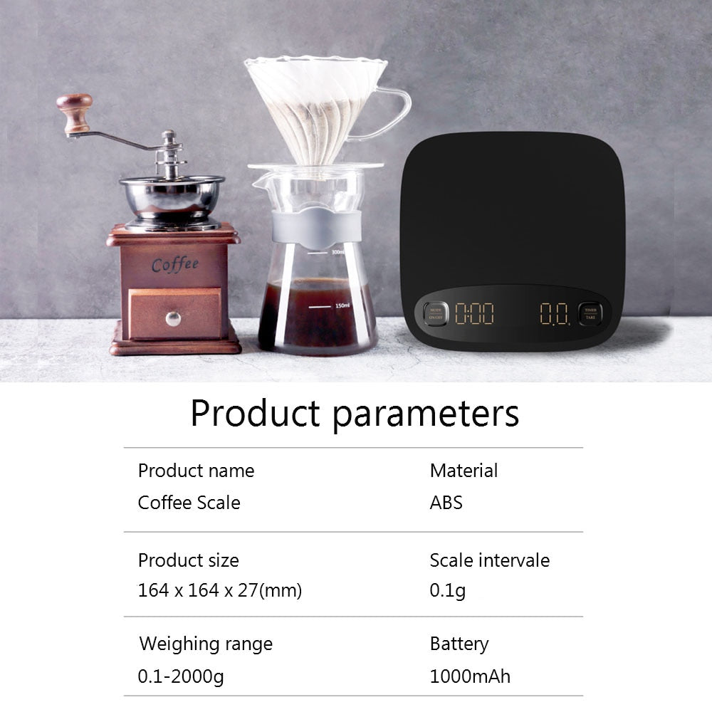 2kg/0.1g Electronic Coffee Scale with Timer Digital Kitchen Coffee Scales Weighing Balance Libra Jewelry Scale USB Charging - KiwisLove