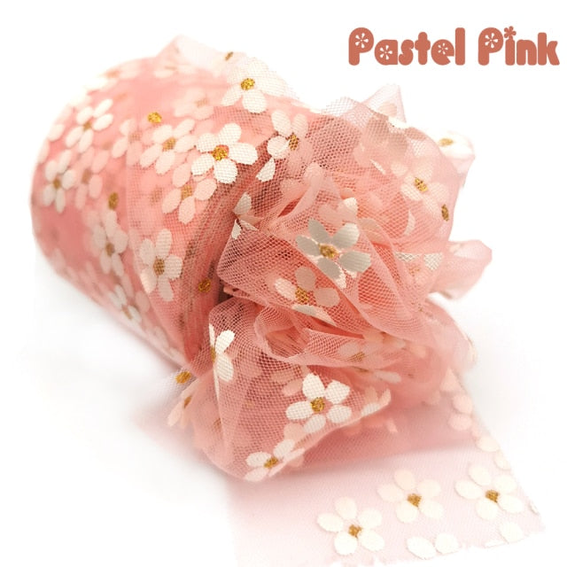 6cm 25Yards Floret Tulle Daisy Ribbon Roll DIY Handmade Craft Hair Ornament Baking cherry blossoms Printed Mesh Fabric Supplies - KiwisLove