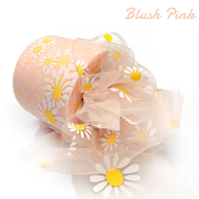 6cm 25Yards Floret Tulle Daisy Ribbon Roll DIY Handmade Craft Hair Ornament Baking cherry blossoms Printed Mesh Fabric Supplies - KiwisLove