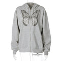 ALLNeon Y2K Fashion Oversized Butterfly Graphic Rhinestone Zip Up Hoodies E-girl 90s Streetwear Diamond Grey Long Jacket Autumn - KiwisLove