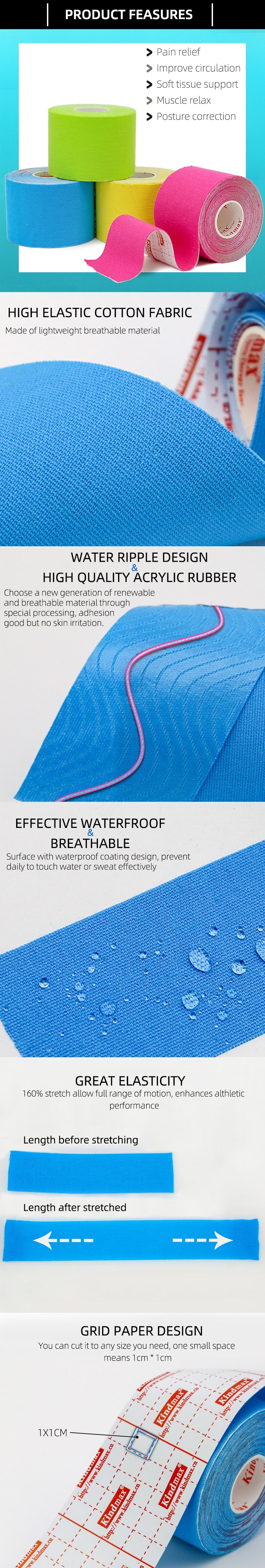 Kindmax Healthcare Cotton Elastic Athletic Kinesiology Tape, Adhesive Medical Bandage for Muscle Knee 5cmx5m Roll - KiwisLove