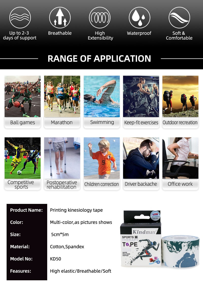 Kindmax Kinesiology Tape Athletic Sport Strapping Volleyball Kneeling Muscle Prevent Splashing Water,5cm x 5m Roll - KiwisLove