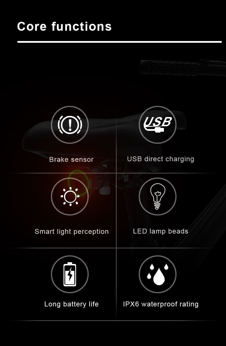 X-Tiger Bike Rear Light IPx6 Waterproof LED Charging Bicycle Smart Auto Brake Sensing Light Accessories Bike Taillight Light - KiwisLove