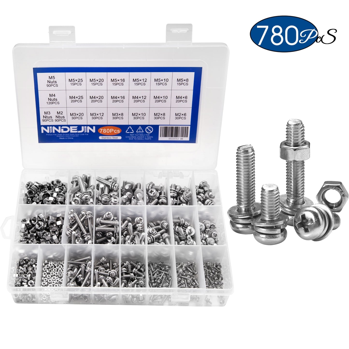 780PCS Phillips Pan Round Head Screws Set With Nut Flat Lock Washers - KiwisLove