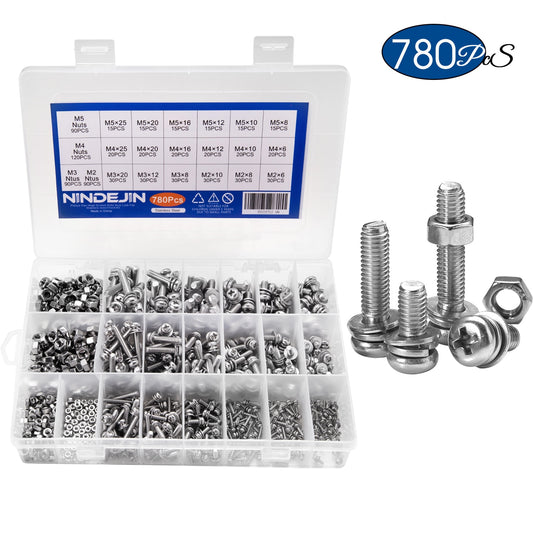 780PCS Phillips Pan Round Head Screws Set With Nut Flat Lock Washers - KiwisLove