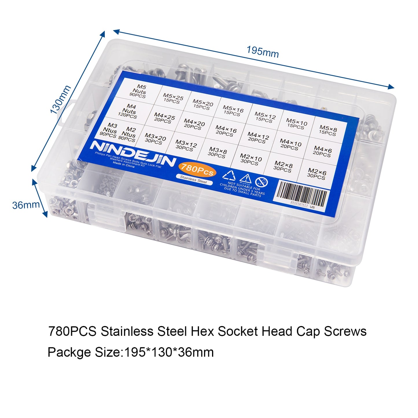 780PCS Phillips Pan Round Head Screws Set With Nut Flat Lock Washers - KiwisLove