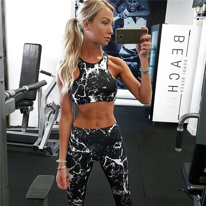 Women Gym Yoga Sets Fitness Tights Tank Top Leggings Print Wokout Tracksuit - KiwisLove