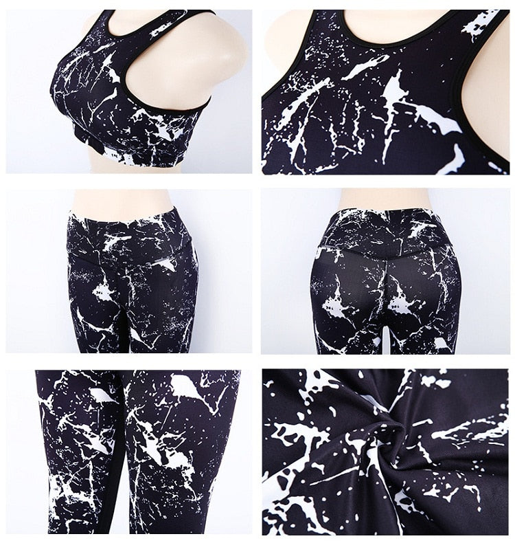 Women Gym Yoga Sets Fitness Tights Tank Top Leggings Print Wokout Tracksuit - KiwisLove