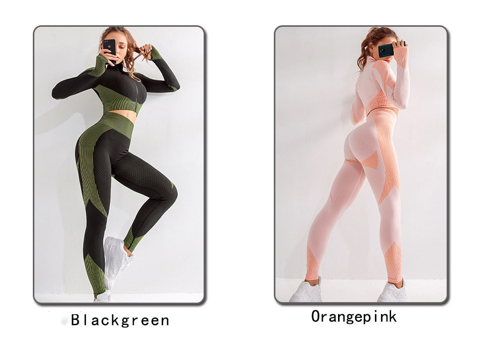 Women Long Sleeve Yoga Set Zipper Top Sport Suit Seamless Workout Clothes Running - KiwisLove