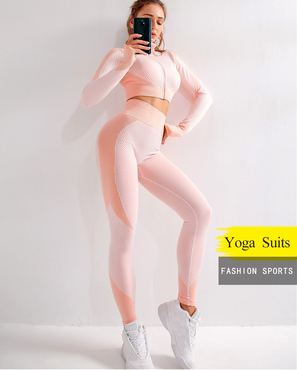 Women Long Sleeve Yoga Set Zipper Top Sport Suit Seamless Workout Clothes Running - KiwisLove
