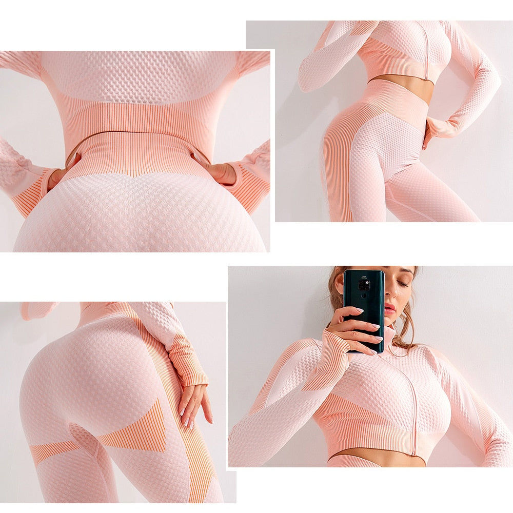 Women Long Sleeve Yoga Set Zipper Top Sport Suit Seamless Workout Clothes Running - KiwisLove