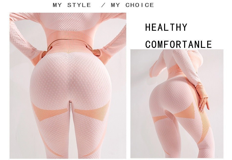 Women Long Sleeve Yoga Set Zipper Top Sport Suit Seamless Workout Clothes Running - KiwisLove