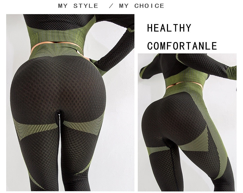 Women Long Sleeve Yoga Set Zipper Top Sport Suit Seamless Workout Clothes Running - KiwisLove