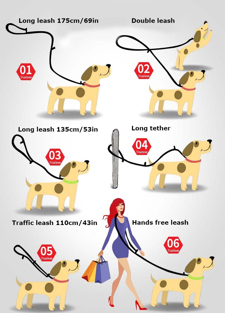 Truelove 7 In 1 Multi-Function Adjustable Dog Lead Hand Free Pet Training Leash 2 Dogs - KiwisLove