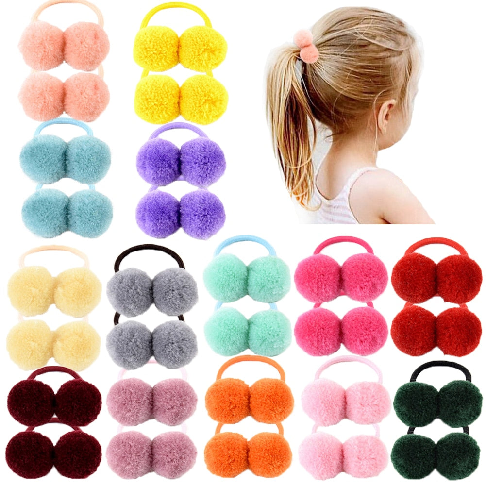 14pcs/lot 1.4" Small Solid Double Fur Ball With Elastic Rope Kids Hair Band - KiwisLove